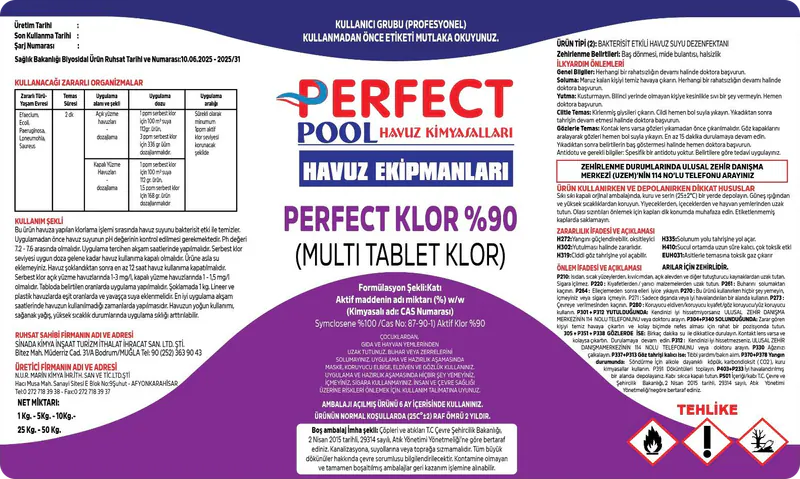 %90 Multi Tablet Klor ürün etiketi
