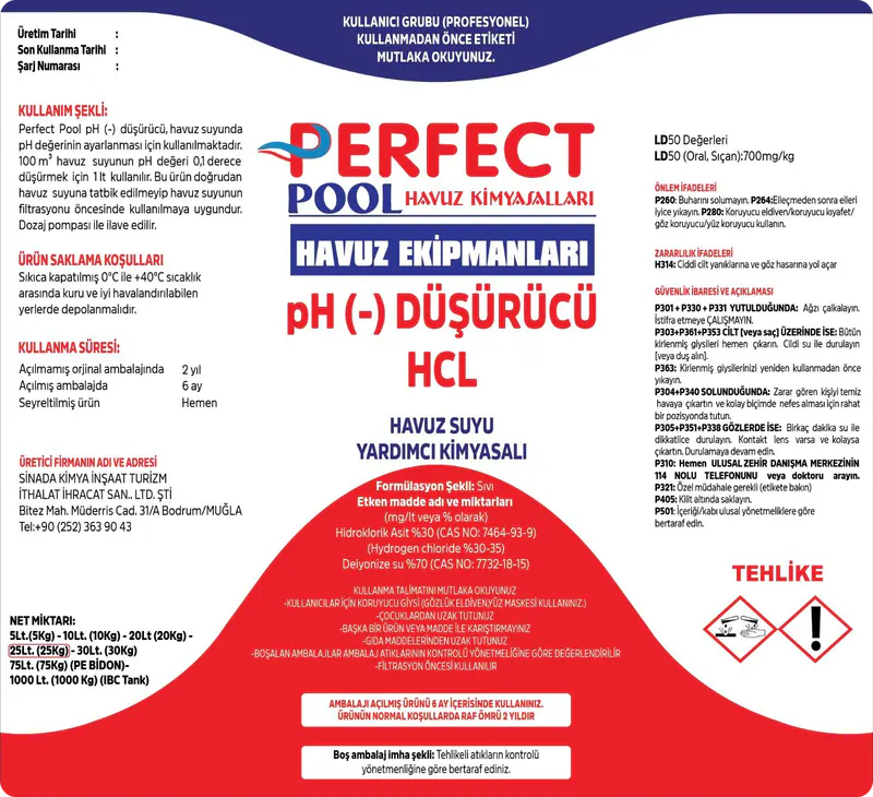 pH Düşürücü HCl ürün etiketi