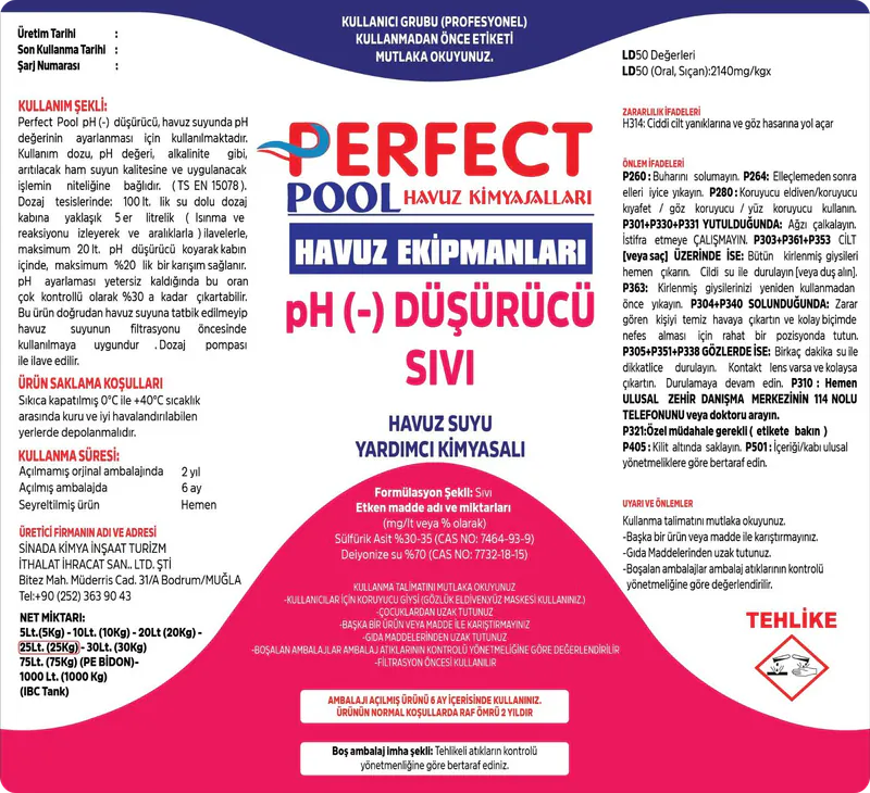 Sıvı pH Düşürücü ürün etiketi